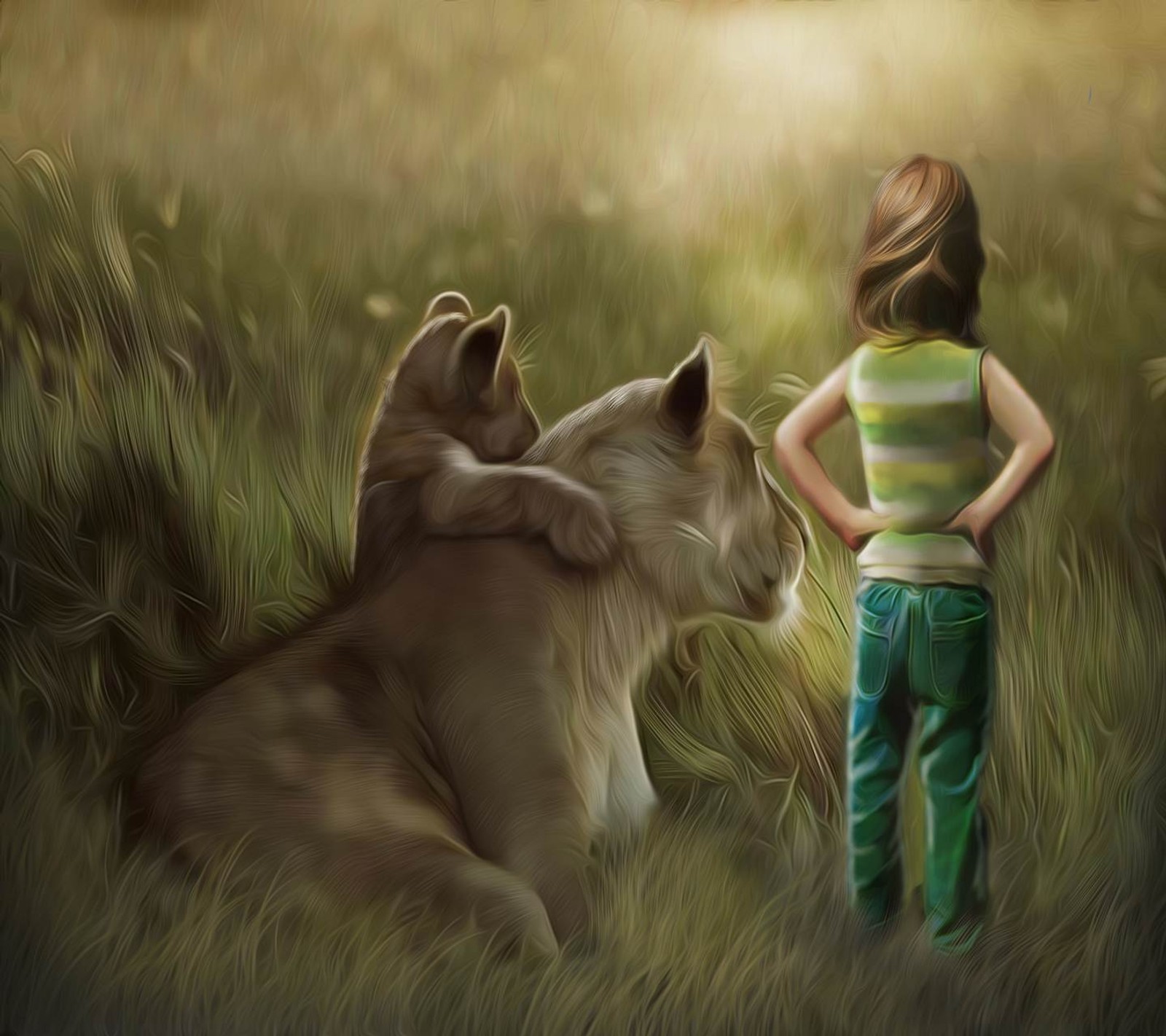 Peinture d'une fille et d'un chien dans un champ d'herbe (mignon, fantaisie, nature, sympa)