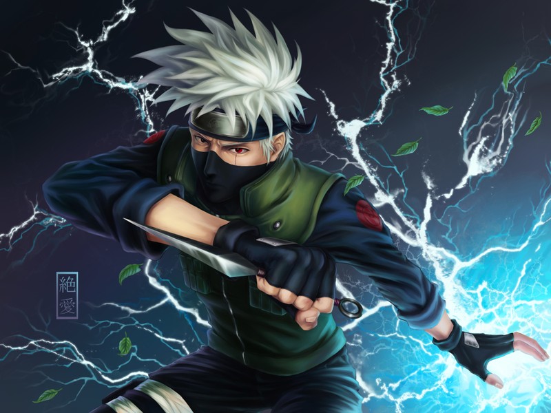 Близкий план человека, держащего нож в грозу (какаши хатаки, kakashi hatake, naruto, аниме, anime)