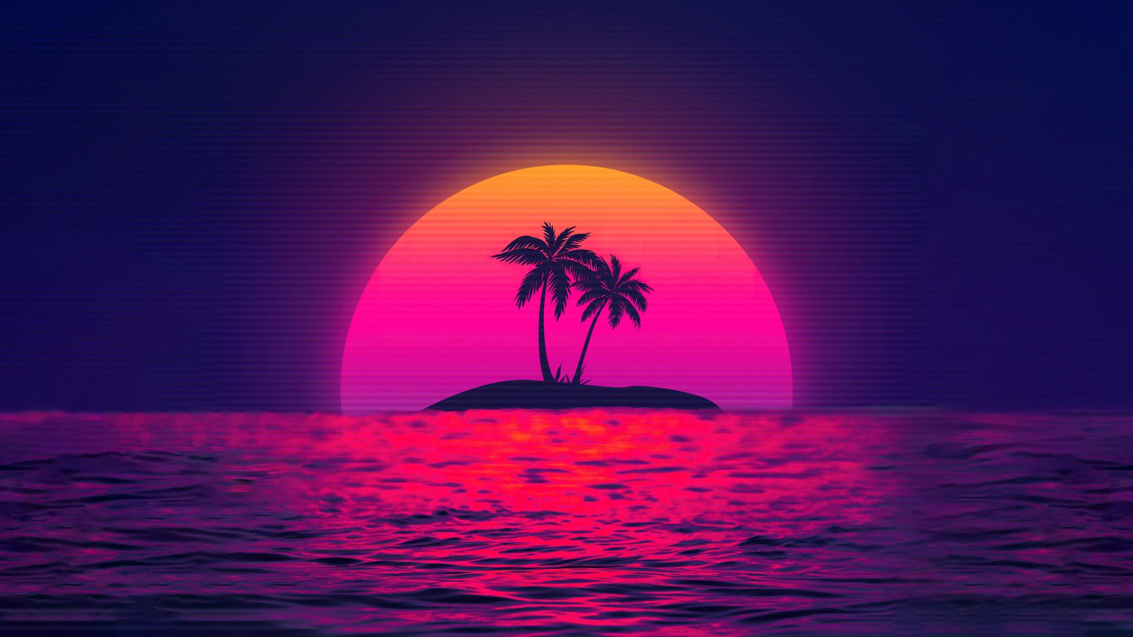 Um pôr do sol com palmeiras e uma pequena ilha no meio (por do sol, retrowave, synthwave, palmeira, arte digital)