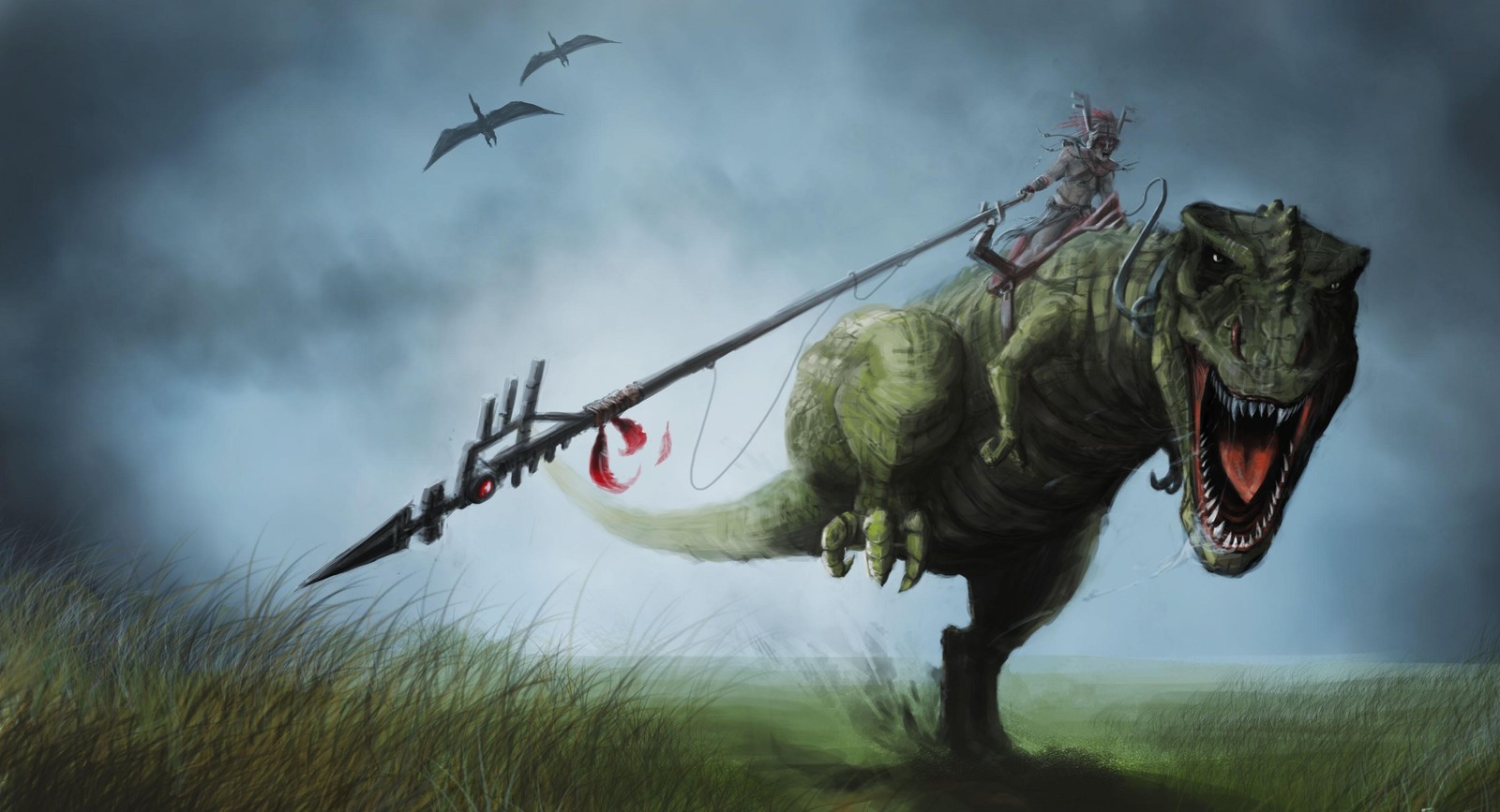 There is a dinosaur with a long stick attached to it's back (tyrannosaurus, dinosaur, dragon, illustration, digital compositing)