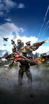 Master Chief and Marines Engage in Epic Multiplayer Battle in a Futuristic Landscape