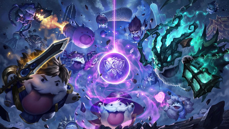 Um grupo de personagens em um cenário espacial com luz roxa (poro, lol, league of legends, jogo de vídeo, campeões)