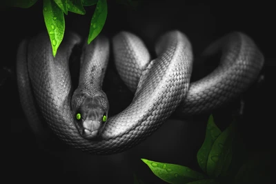 Striking Western Green Mamba Coiled Among Lush Green Foliage