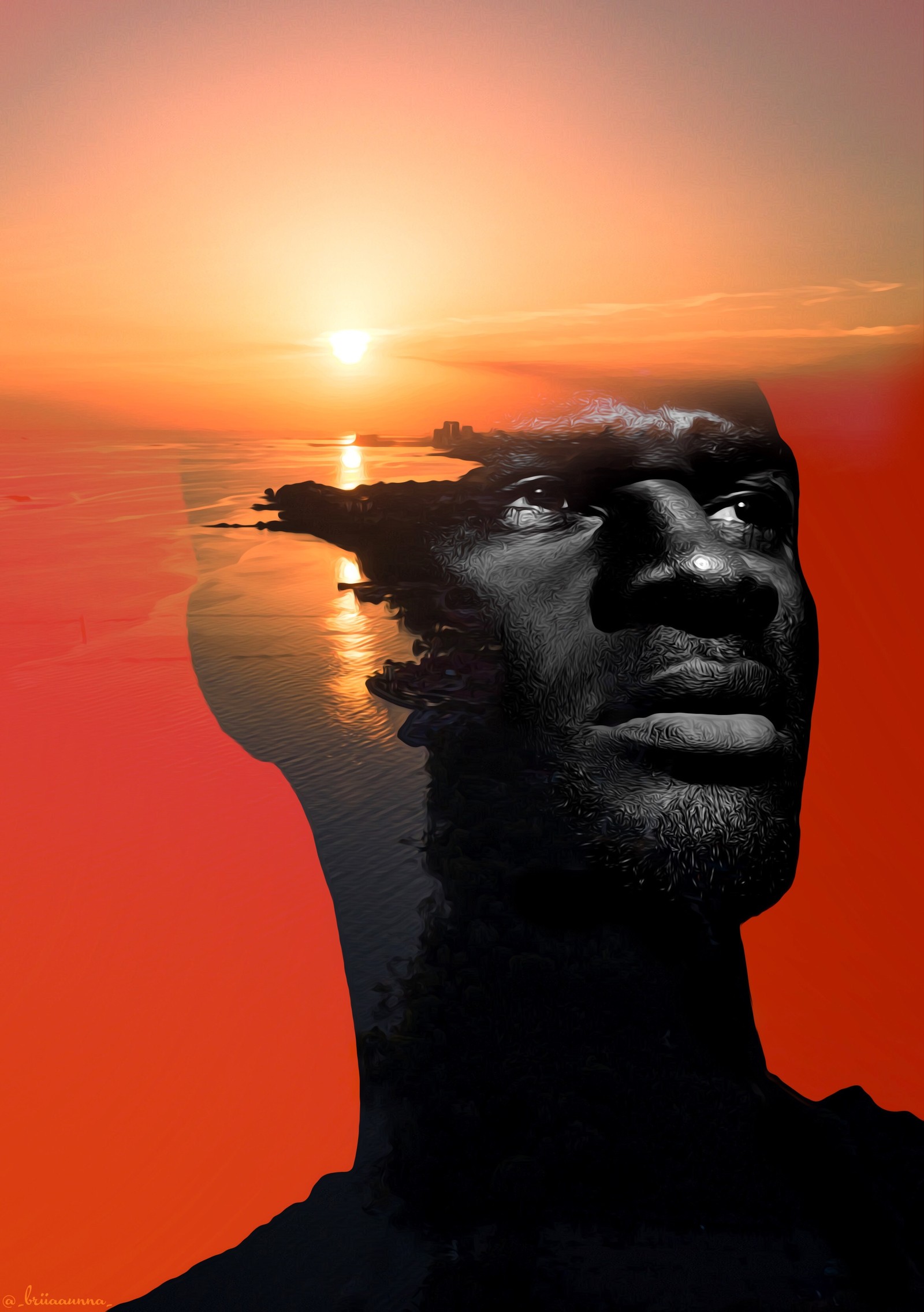 There is a man that is looking at the sunset over the water (art, graphic design, design, water, cloud)