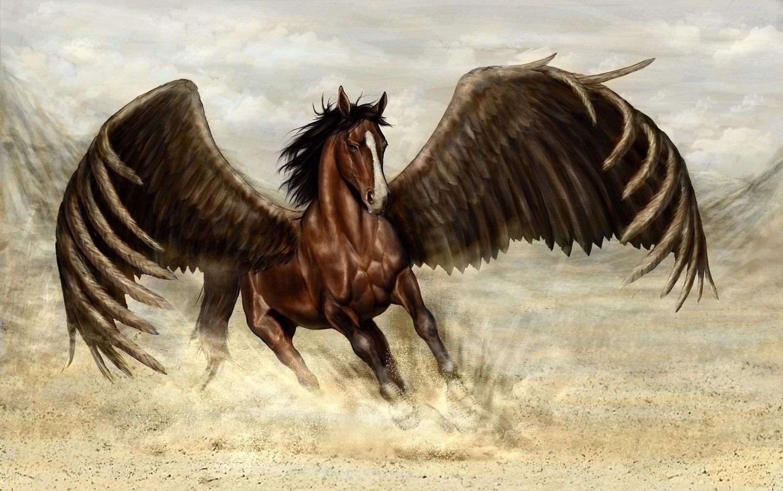 Painting of a horse with wings spread out in the desert (horse, pegasus, stallion, mane, mythology)