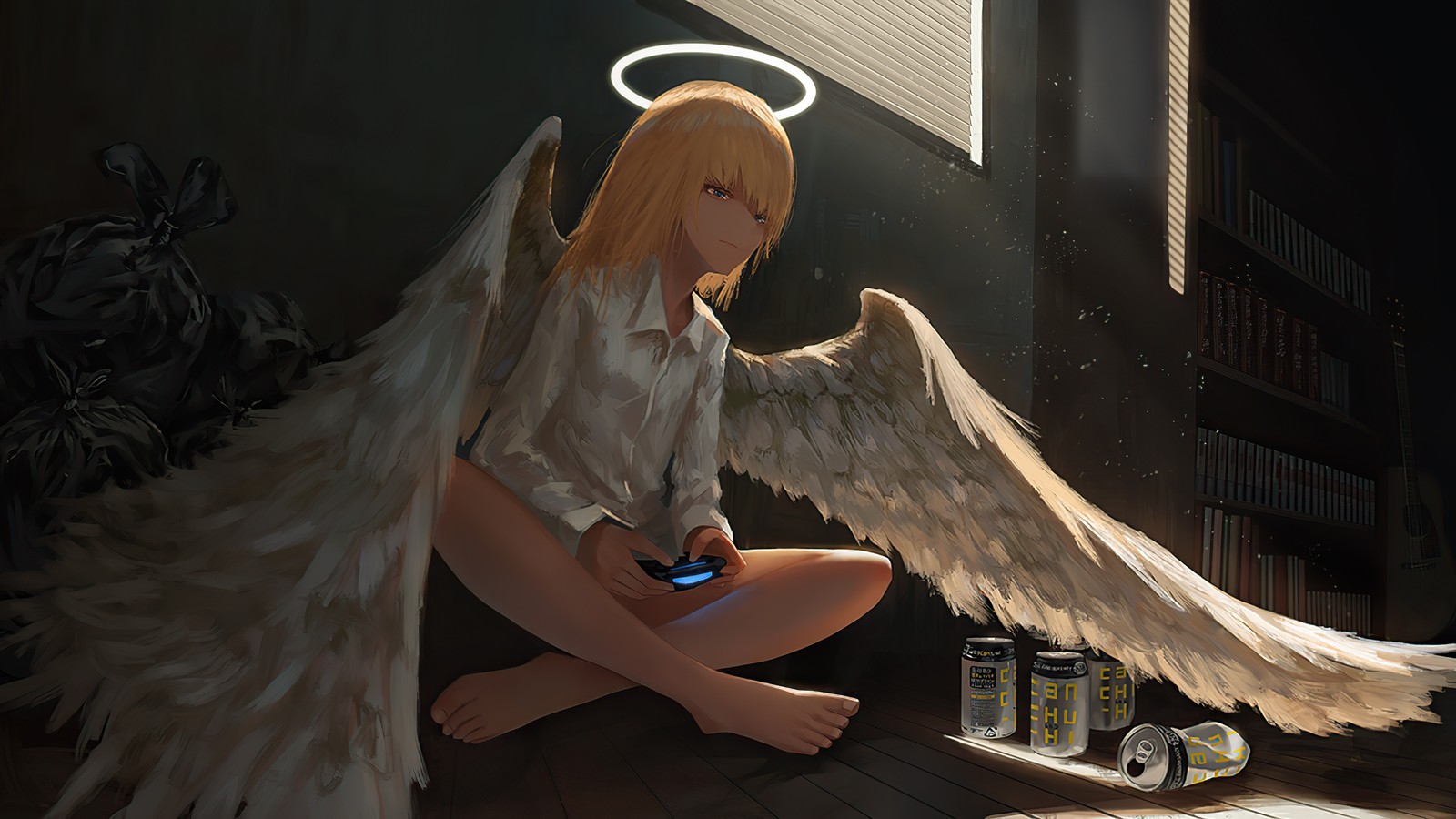 Anime - style image of a woman with angel wings sitting on a floor (angel, gamer, anime, anime girls, fantasy)