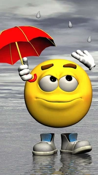 Happy Emoji with Umbrella in Rainy Scene