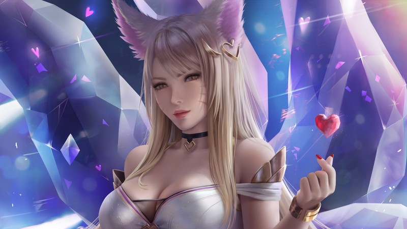 Женщина в костюме кошки держит сердце в руке (kda, ахри, ahri, league of legends, lol)