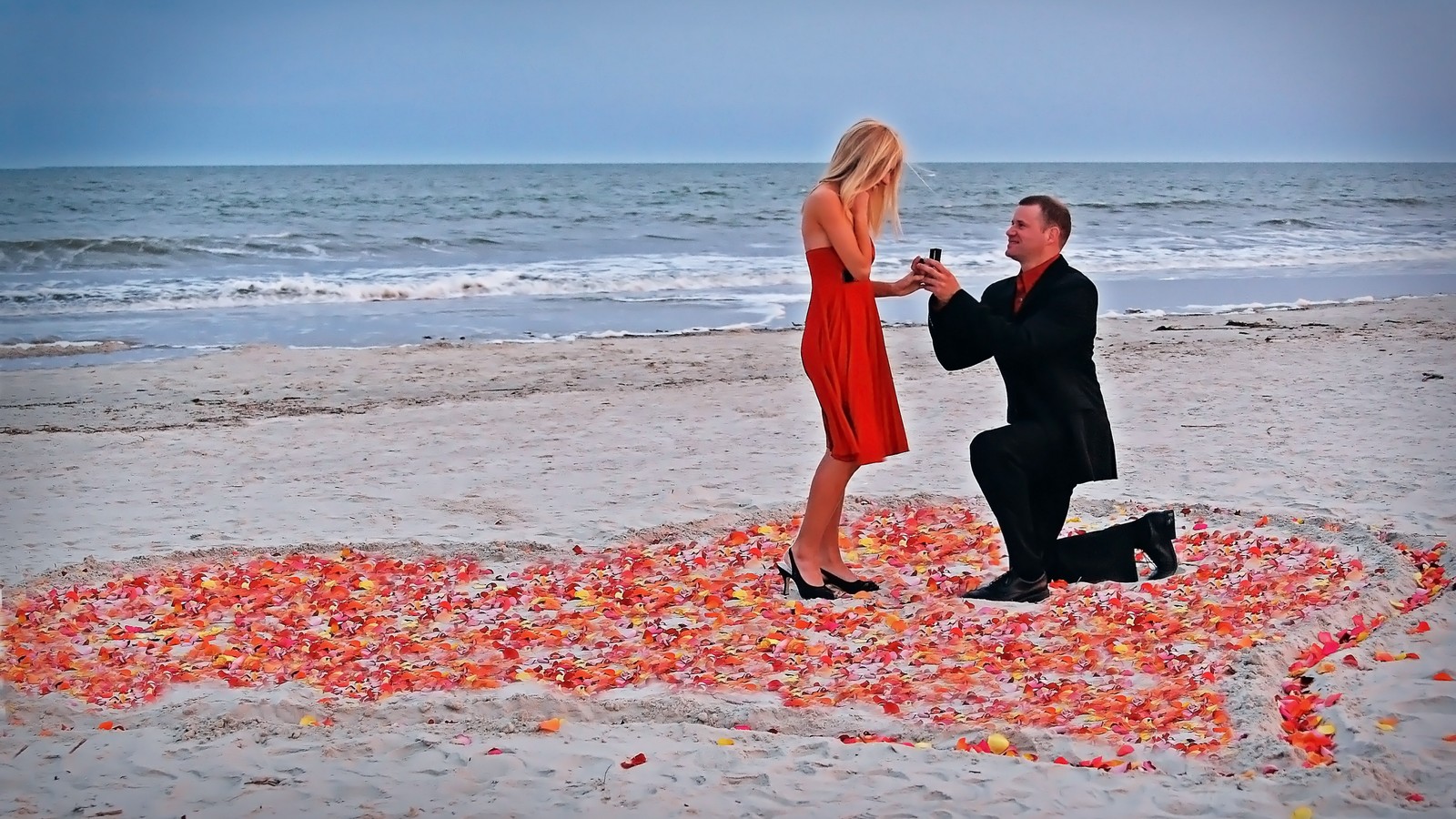 Ein mann kniet vor einer frau am strand (urlaub, spaß, meer, küste, strand)