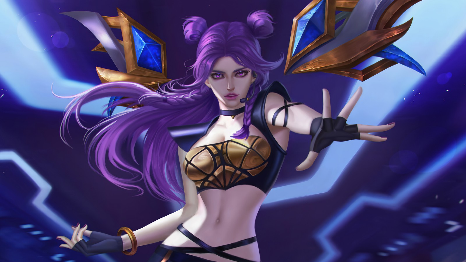 Una mujer con cabello púrpura y un top morado sosteniendo una espada (kaisa, arte, league of legends, lol, videojuego)