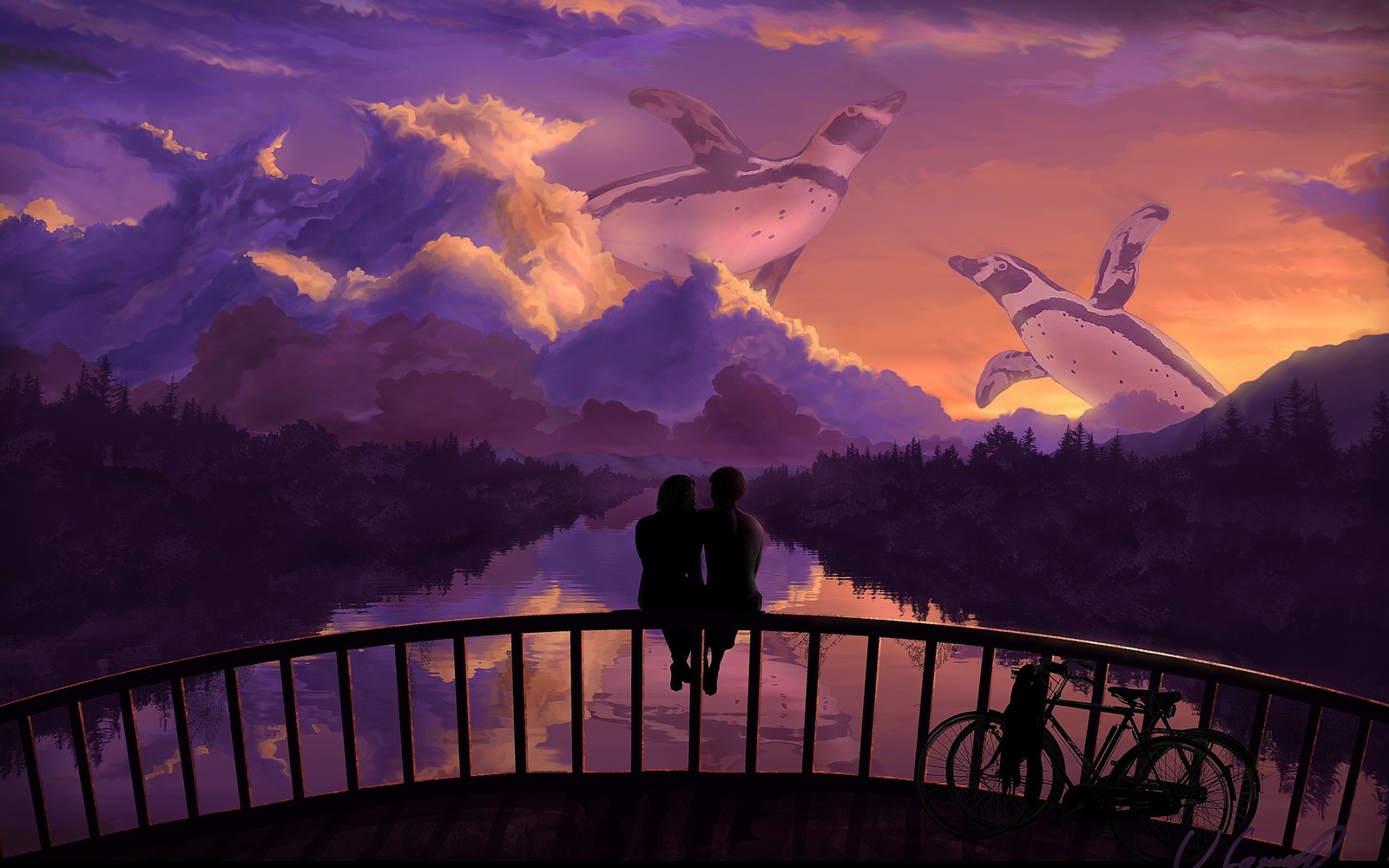 Una escena de anime de dos personas mirando un lago con un avión volando sobre ellos (romance, púrpura, nube, noche, atardecer)