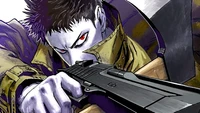 Zombieman from One Punch Man aiming a firearm with an intense expression.