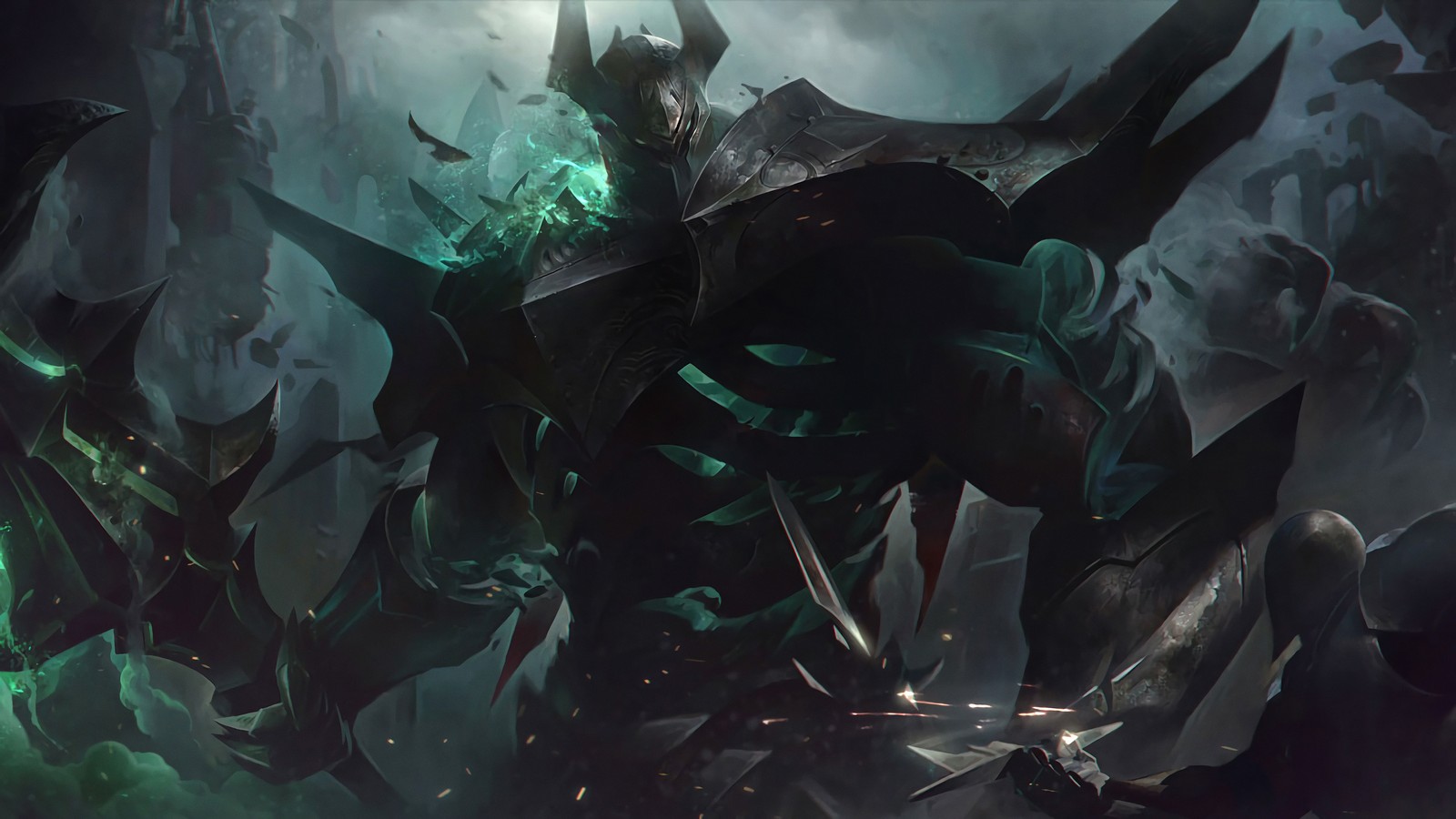 Eine nahaufnahme einer dämonischen kreatur mit grünem licht im gesicht (mordekaiser, kunstwerk, lol, league of legends, videospiel)