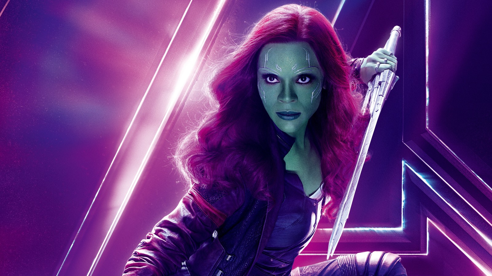 Lade gamora, avengers infinity war, thanos, lila, violett Hintergrund herunter