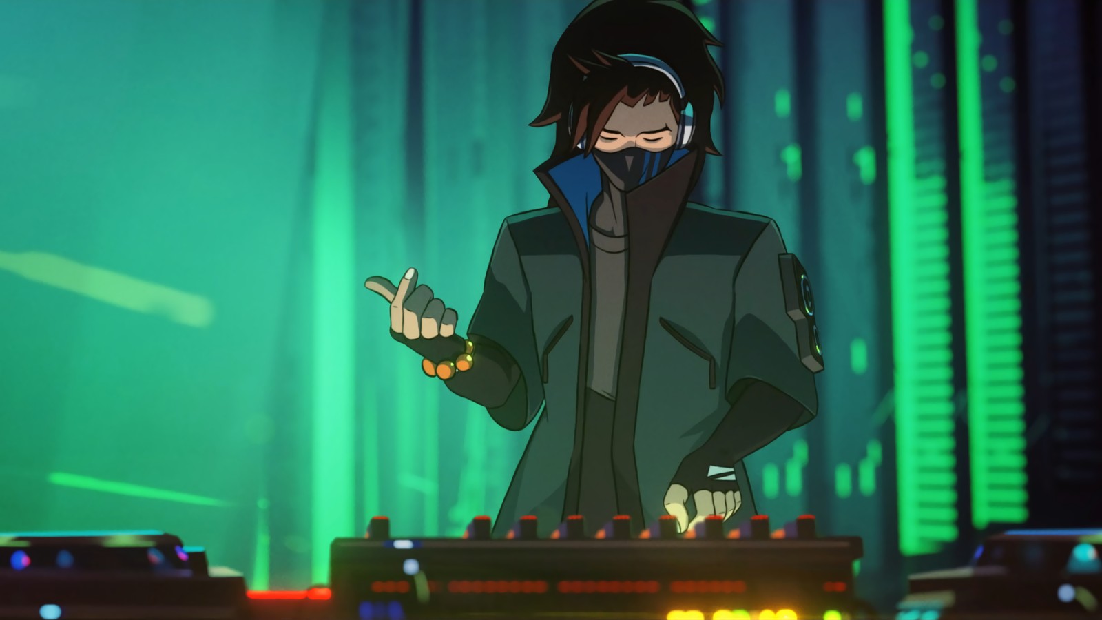 A man in a black jacket standing in front of a dj mixer (dj, yasuo, true damage, lol, league of legends)