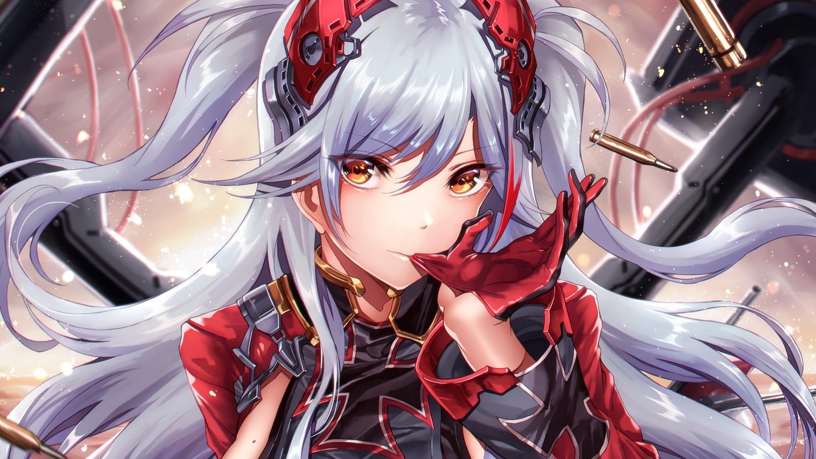 Uma mulher com cabelo longo e branco e luvas vermelhas segurando uma espada (meninas de anime, azur lane, jogo de vídeo, príncipe eugen, anime)