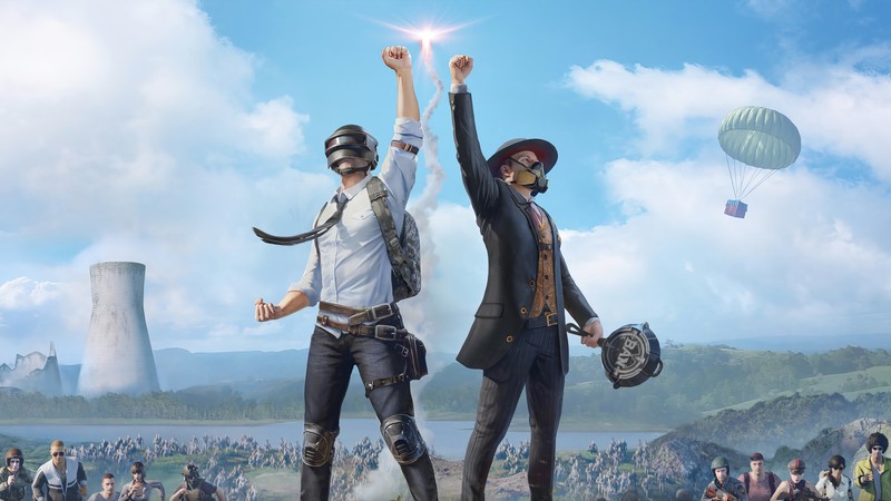 Двое людей, стоящих на холме с множеством людей на заднем плане (pubg mobile, playerunknowns battlegrounds, видеоигра)