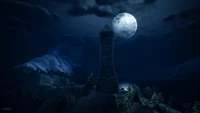 Faro de luz: Una torre iluminada por la luna de la cosecha