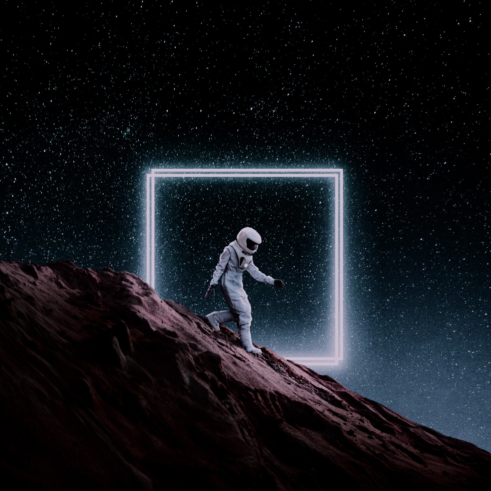 Astronaut walking on a rocky surface with a glowing square in the middle (spaceman, astronaut, illustration, another world, mars)