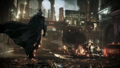 Batman confronte l'Épouvantail dans une Gotham City sombre et désolée, mettant en valeur l'atmosphère sombre de l'univers d'Arkham Knight.