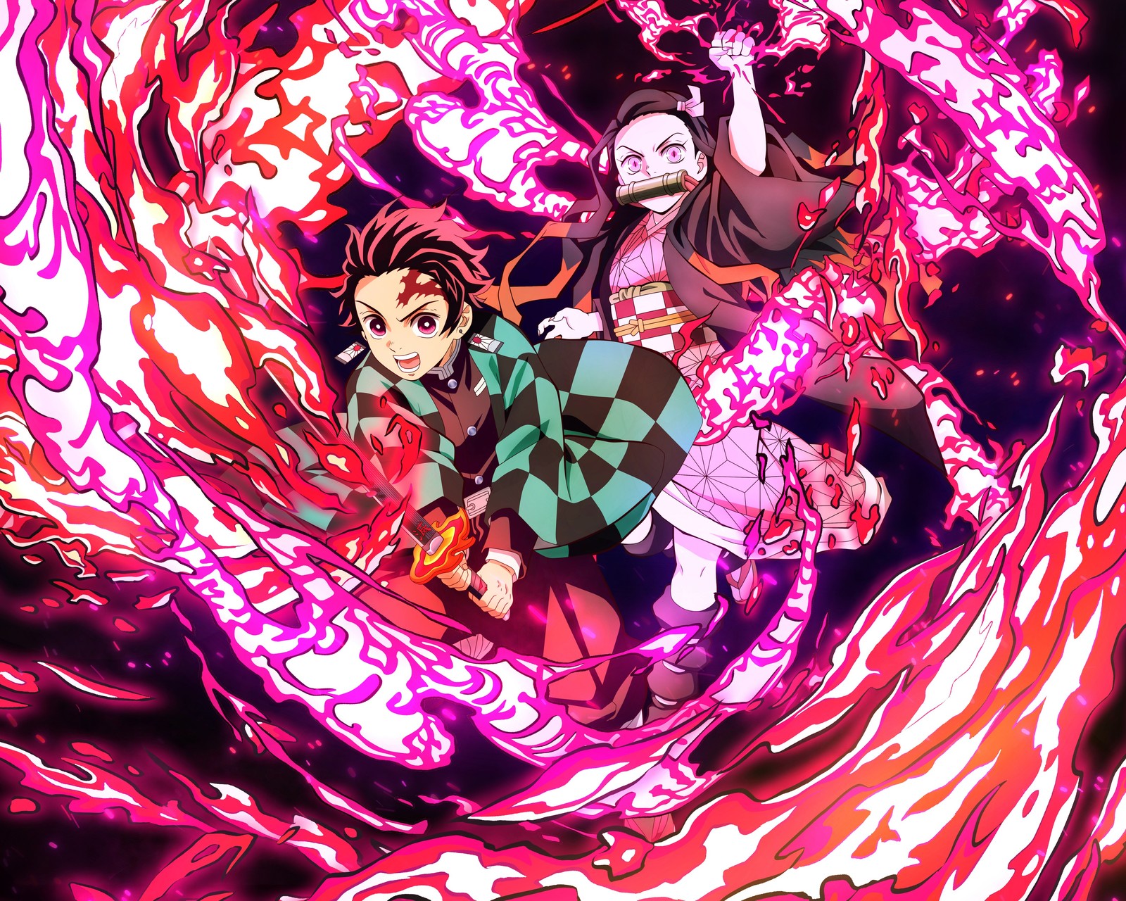 Personagens de anime em um vórtice giratório com um fundo preto (tanjiro kamado, nezuko kamado, assassino de demônios kimetsu no yaiba, demon slayer kimetsu no yaiba, anime)