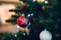 Red snowflake ornament hanging on a beautifully decorated Christmas tree.