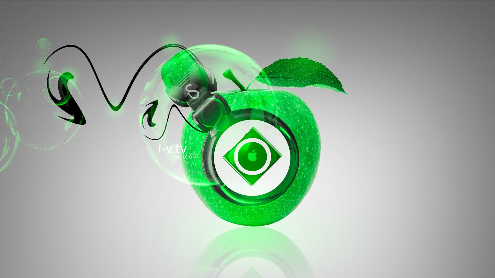 Une pomme verte avec une feuille verte dessus (ipod, pomme, casque, vert, graphiques)