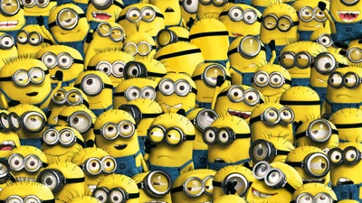 Uma multidão vibrante de alegres Minions amarelos com sorrisos expressivos, mostrando suas personalidades brincalhonas e animadas da série de filmes "Meu Malvado Favorito".