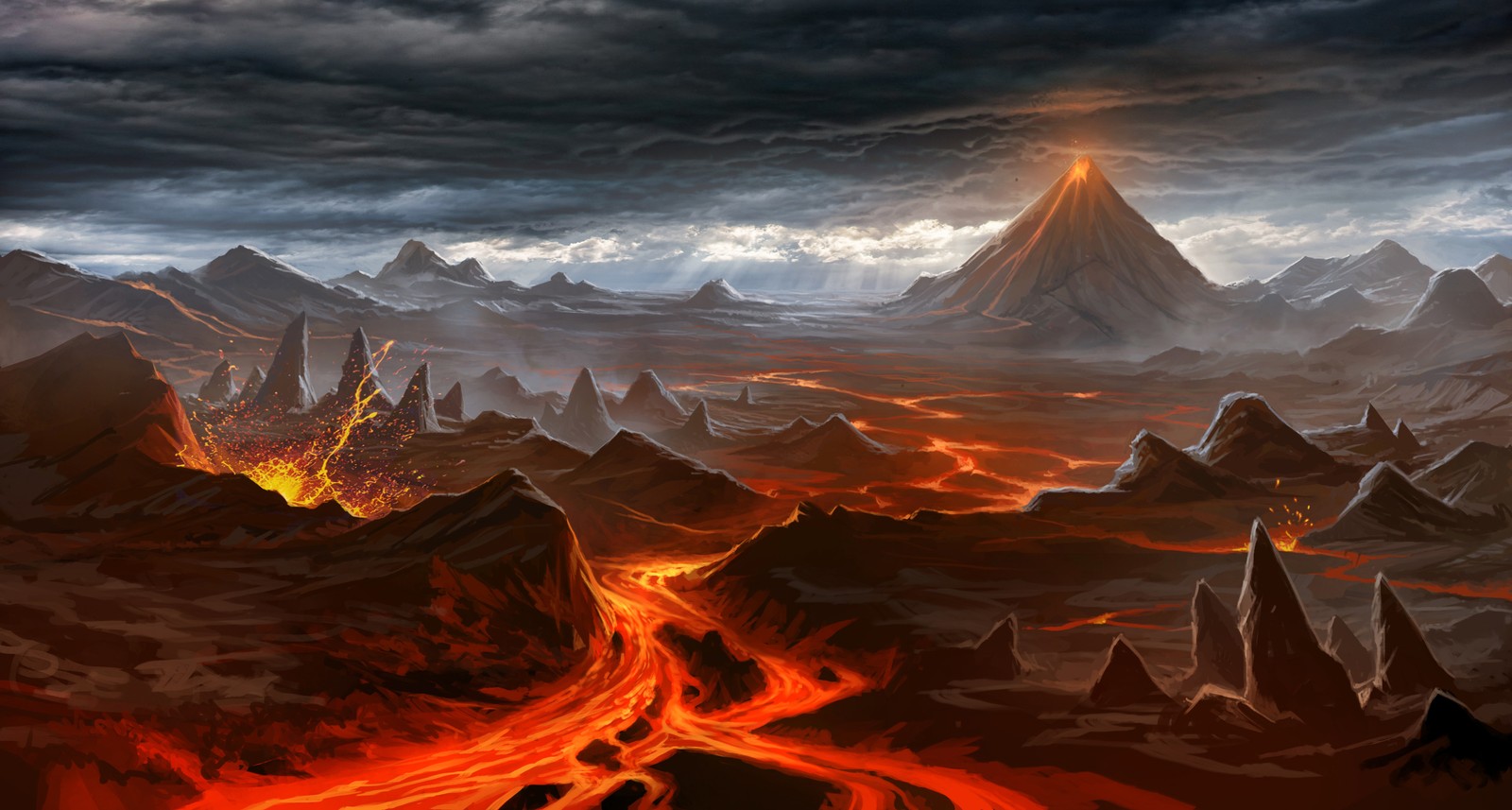 Ein gemälde eines vulkans mit lava und herunterfließender lava. (magma, berg, landschaft, lava, künstler)