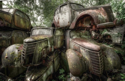 Abandoned Rusting Cars Entwined with Nature