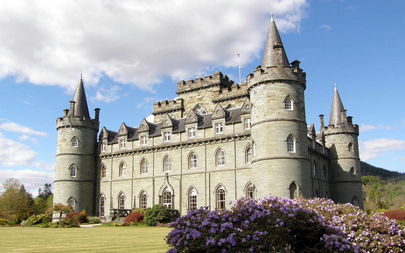 Un château avec une tour et une pelouse avec des fleurs violettes (château, palais, point de repère, bâtiment, architecture médiévale)