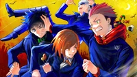 Dynamic Battle of Jujutsu Sorcerers: Yuji, Nobara, Megumi, and Gojo Unite