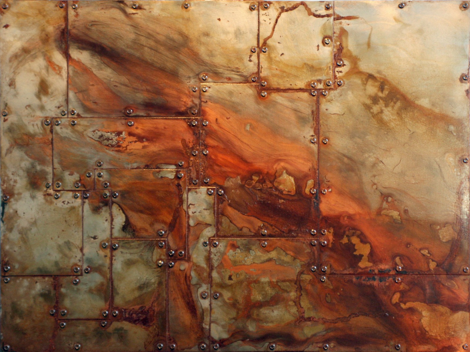 A close up of a metal surface with rivets and rust (rust, art, abstract art, metal, paint)