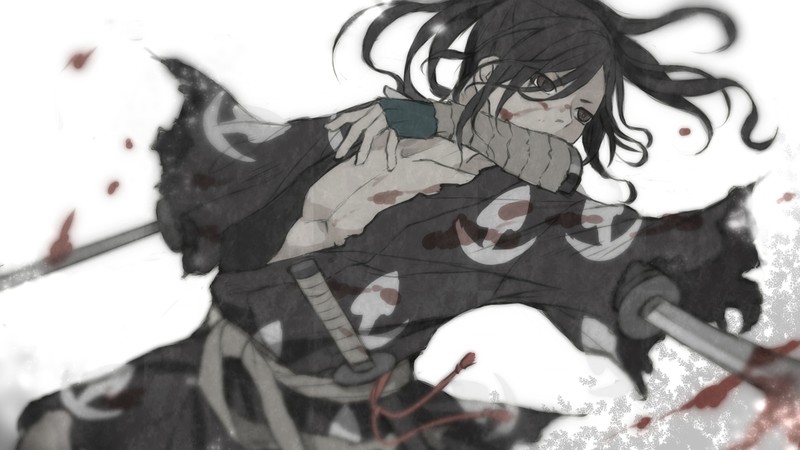 Аниме, женщина с мечом и кровью на лице (хякимару, hyakkimaru, доро аниме, dororo anime, аниме)