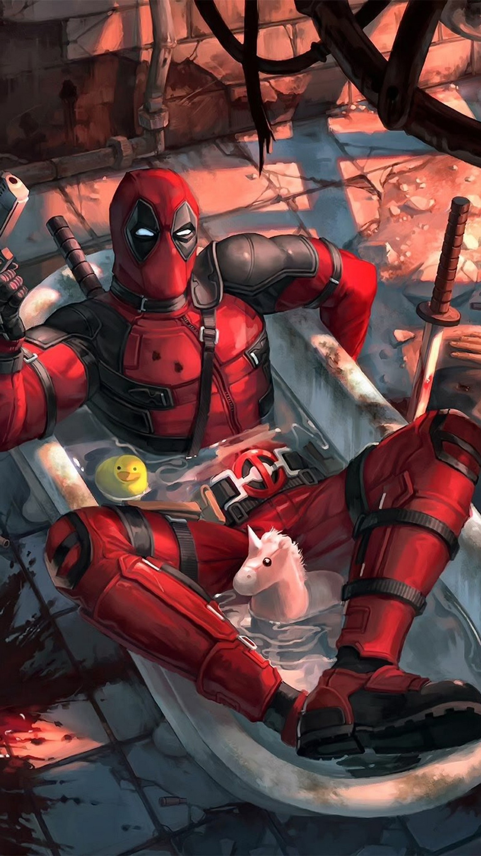 Deadpool en una bañera con un perro dentro (arte, pintura, superhéroe, cartel, muerte)