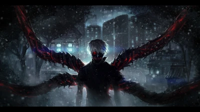 Ken Kaneki en un Tokio oscuro con alas de ghoul