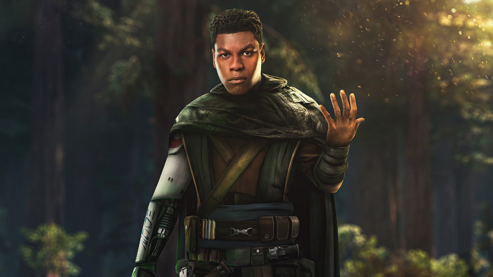 A man in a green outfit standing in the woods (finn, star wars the force awakens, king, jedi, star wars)