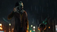 A haunting moment in rain-soaked Gotham, where the Joker confronts innocence with a sinister smile and a gun in hand.