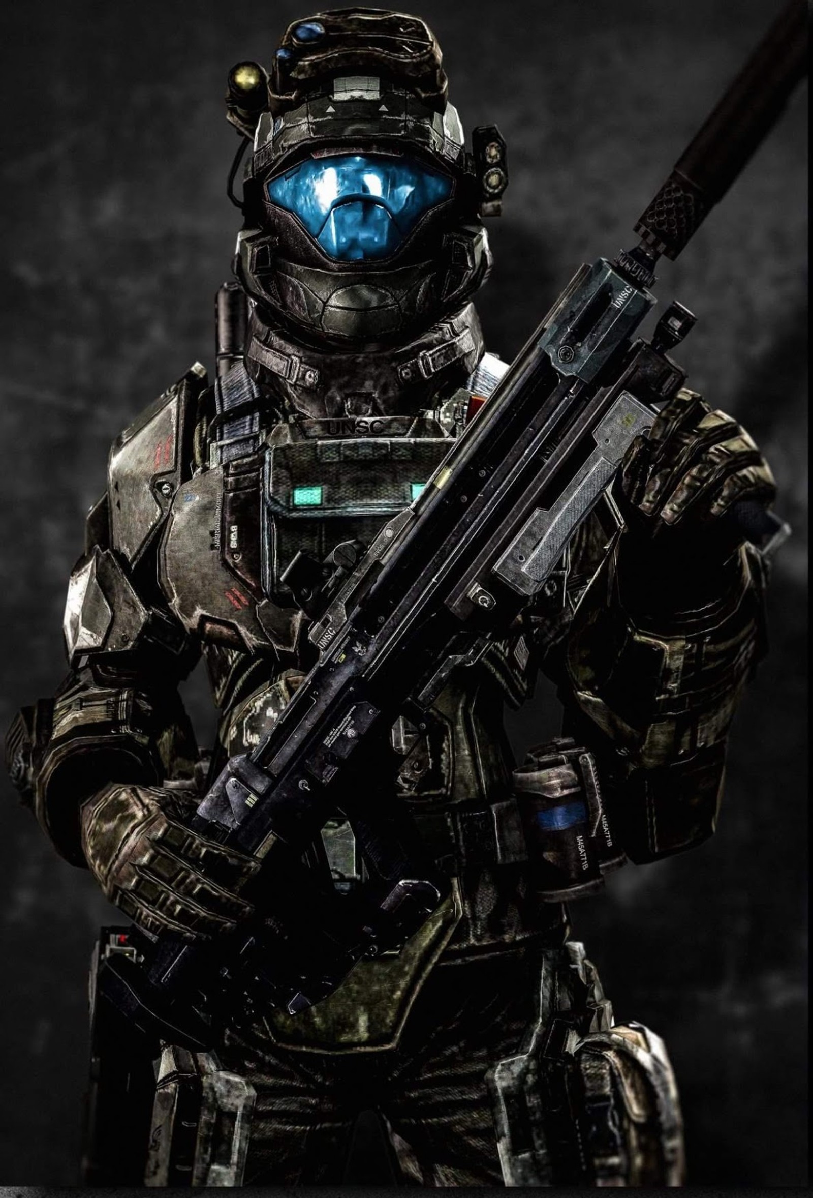 A close up of a soldier with a rifle and a helmet (army, downhillcube4, guns, halo, military)