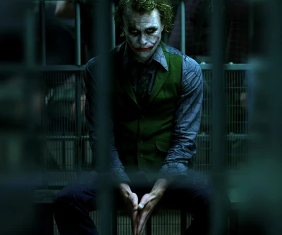 Le Joker assis dans une cellule faiblement éclairée, incarnant le chaos et la folie.