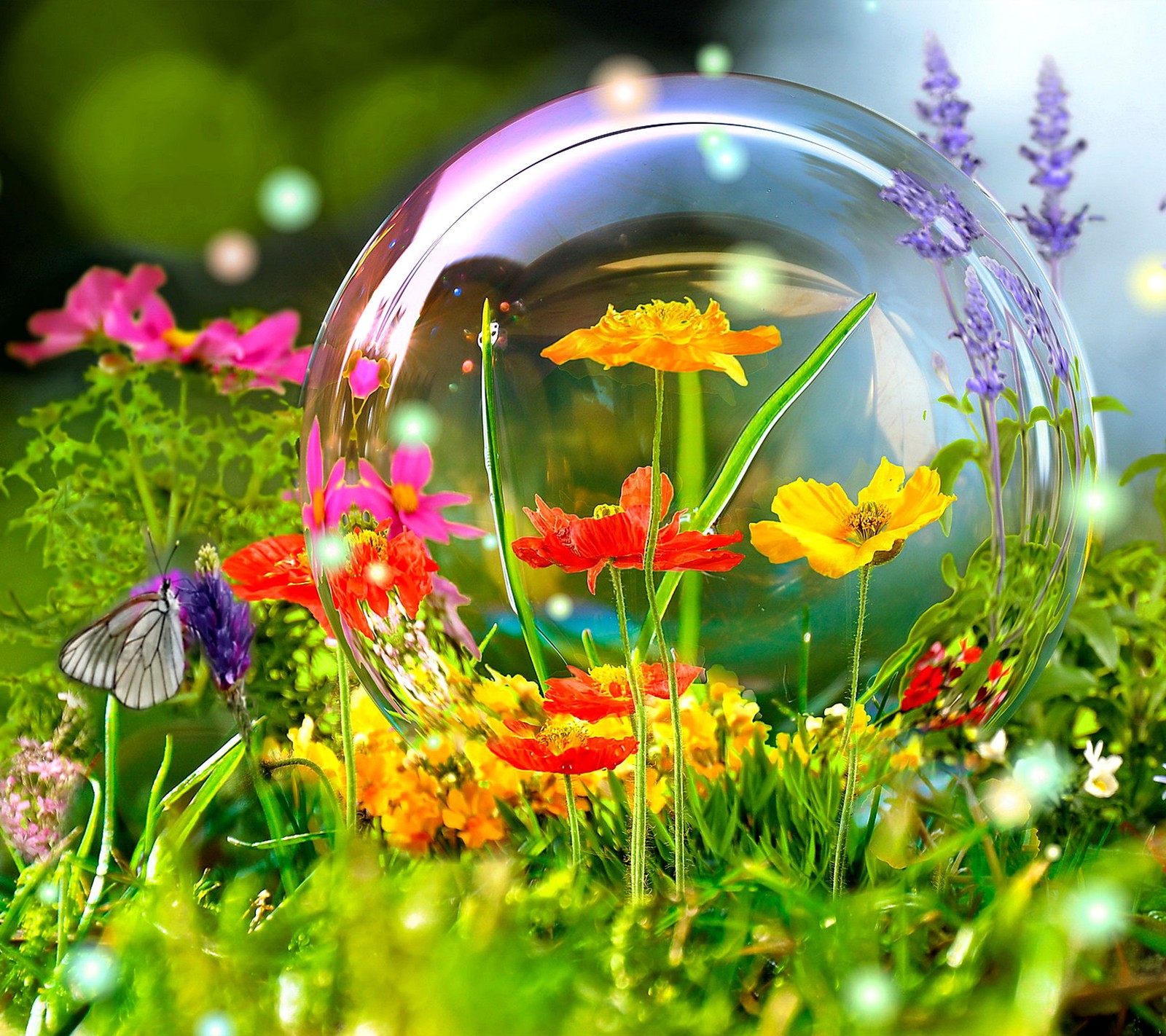 There is a glass ball with flowers inside of it (flowers, spring)