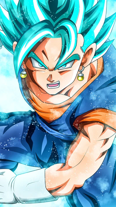 Super Saiyan Blau Goku entfesselt seine Kraft mit intensiver Entschlossenheit.