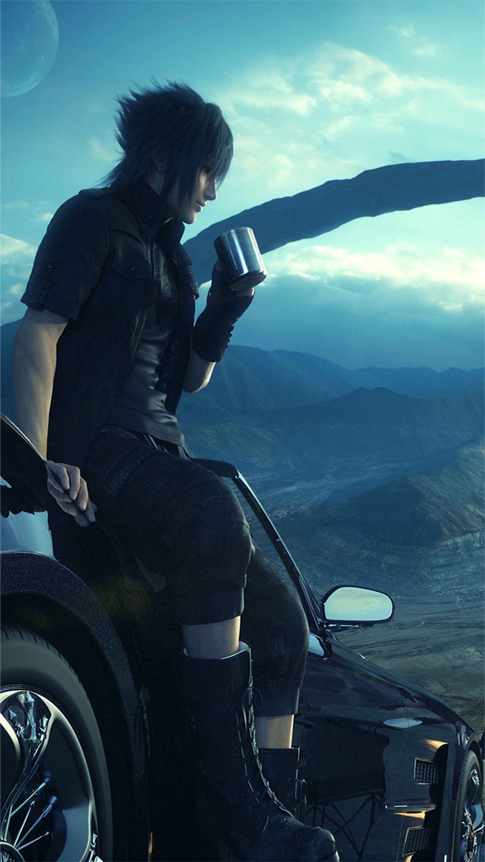 Ein mann sitzt auf einem motorrad mit einer tasse kaffee (final fantasy, final fantasy v, final fantasy xv)