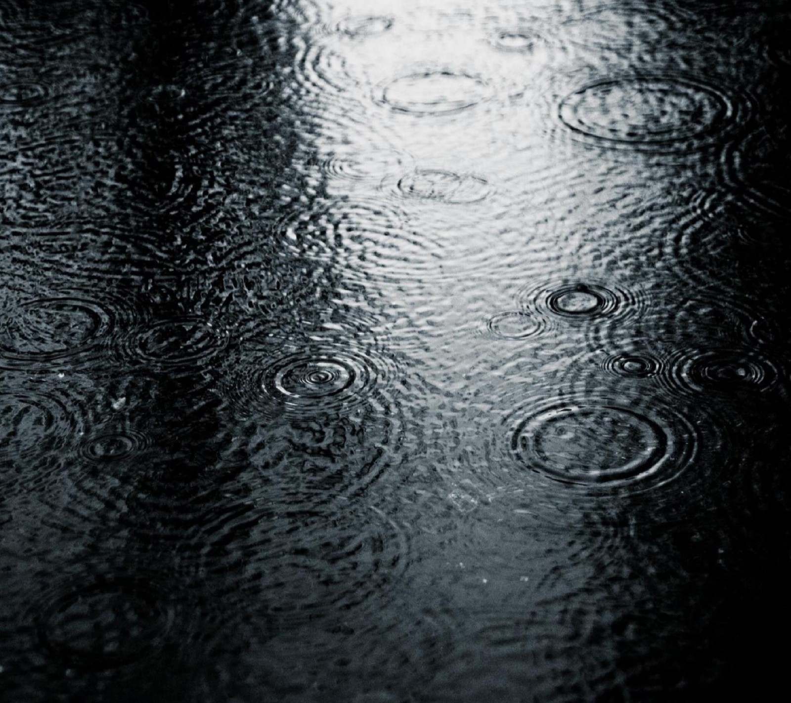 A close up of raindrops on a wet surface with a black background (2160x1920, wallpaper)