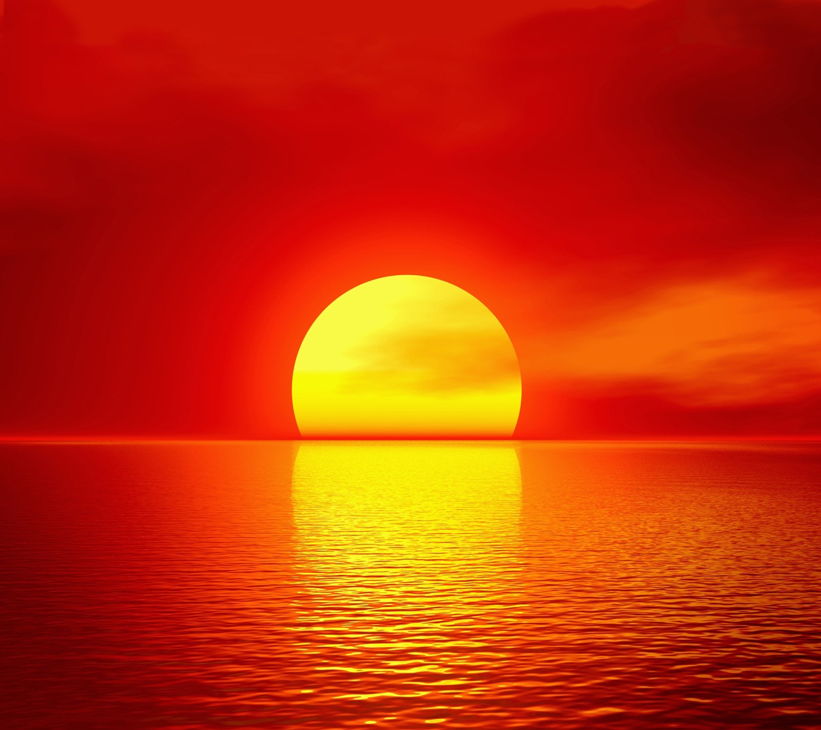 A close up of a sun setting over a body of water (horizon, landscape, red, sea, sun)