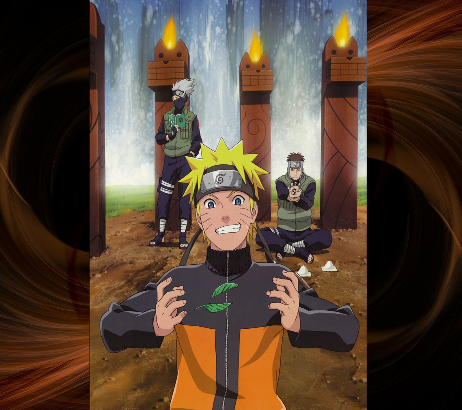 Anime characters in a scene with a waterfall in the background (kakashi, naruto, ninja, shippuden, yamato)