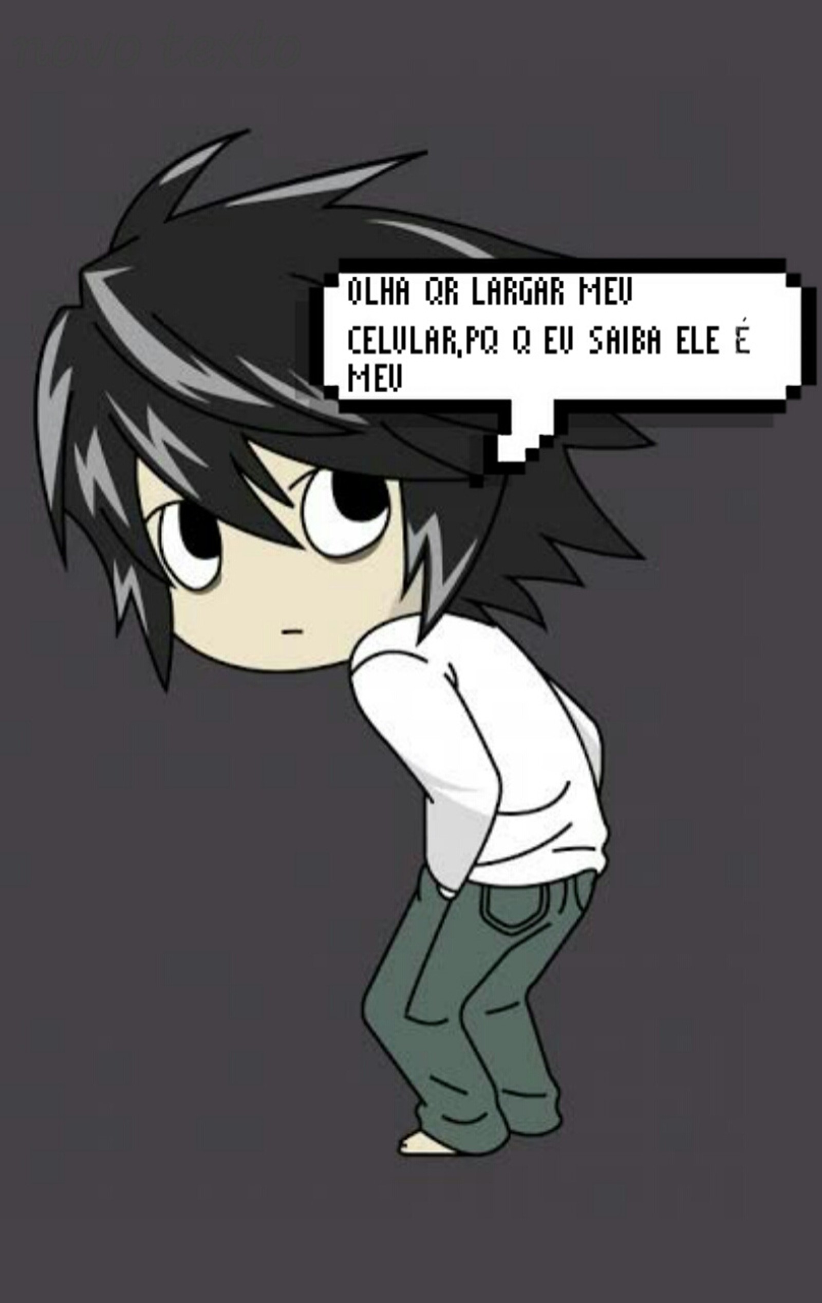 Un dibujo animado de un niño con una camiseta blanca y pantalones verdes (lawliet, death note, kira)