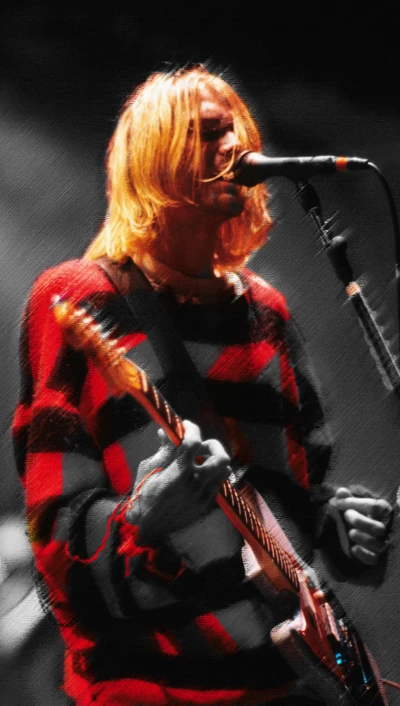 Kurt Cobain in einem roten karierten Pullover, leidenschaftlich mit einer Fender-Gitarre spielend.