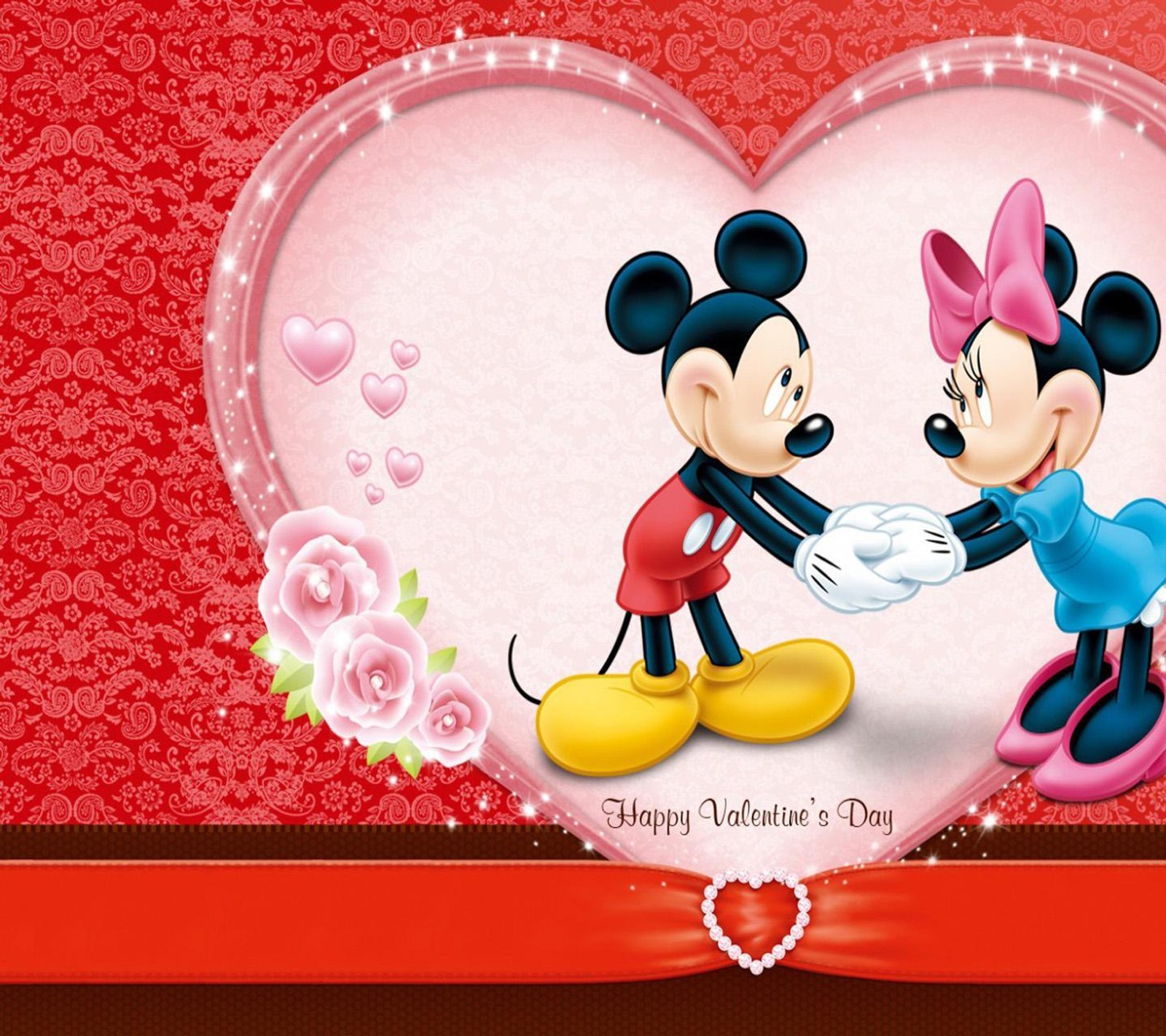 Mickey and minnie mouse valentine card with hearts and roses (day, happy valentine)