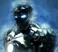 Robot de Ironman futurista con ojos azules brillantes